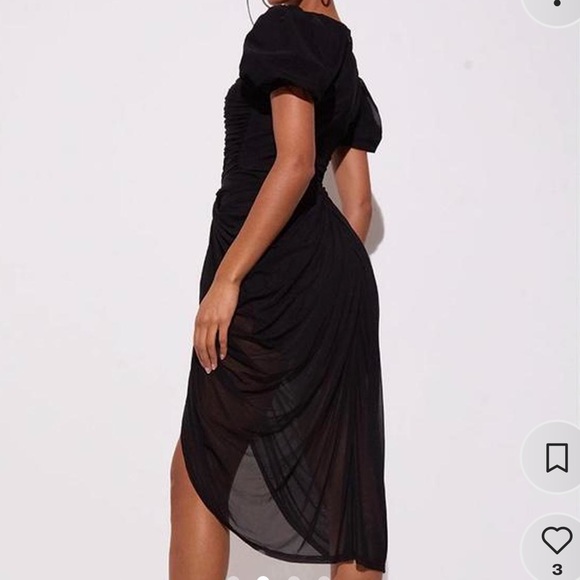 Black ruched mesh puff sleeve draped midi dress - brand new with tags - size 4 - Picture 2 of 4